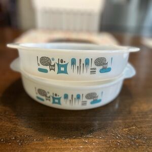 Vintage Anchor Hocking Fire King Blue Heaven MCM Atomic Casserole Dish Set Of 2